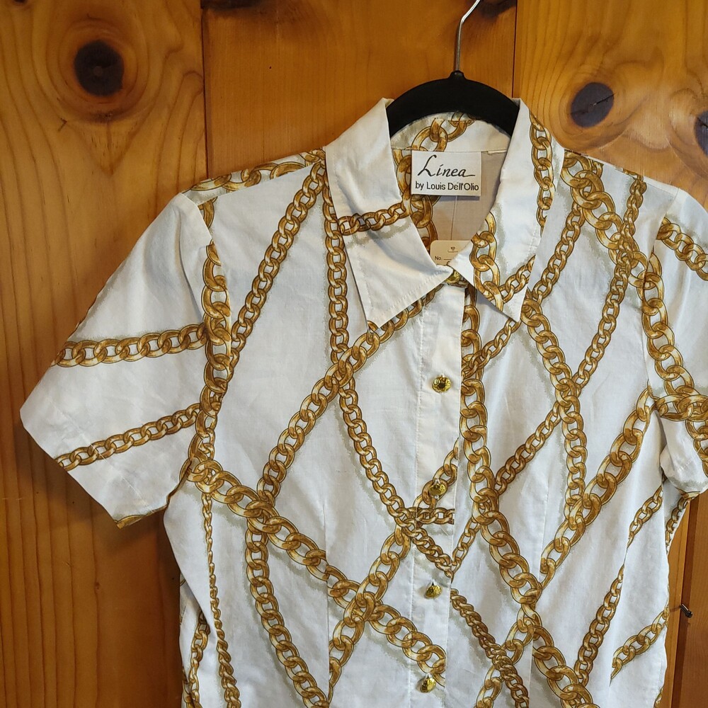 Vintage 80s Linear by Louis Dell'Olio Size 8 White Shirt Gold Chain aop Print